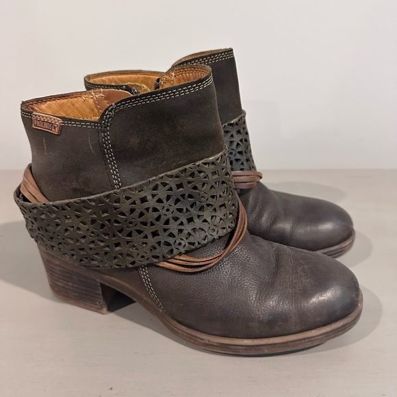 PIKOLINOS Shoes - PIKOLINOS Dark Brown Leather Ankle Booties with Laser-Cut Cuff